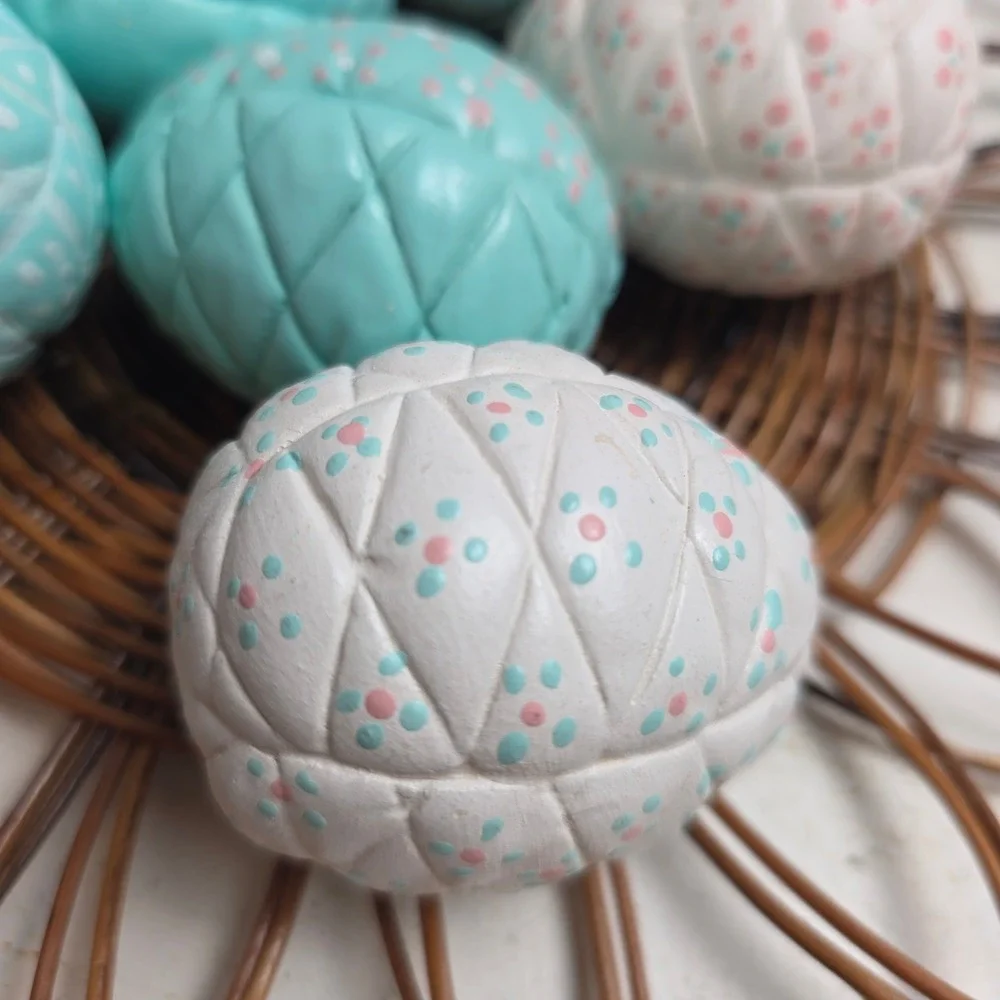 Vintage Quilted Ceramic Easter Egg Set of 6 Hand‎ Painted Blue White Cottagecore